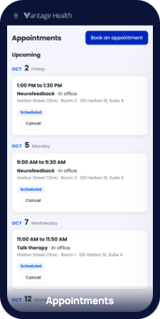The Vantage Health patient portal on a phone, showing upcoming appointments